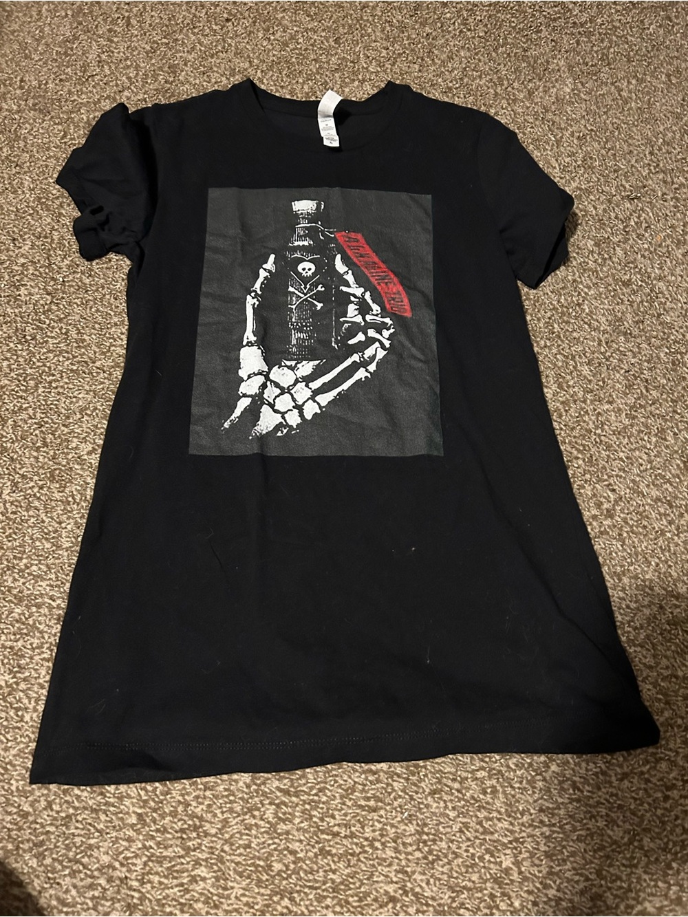 Redbubble Black Tee with White Skeleton Hand and Red Accent